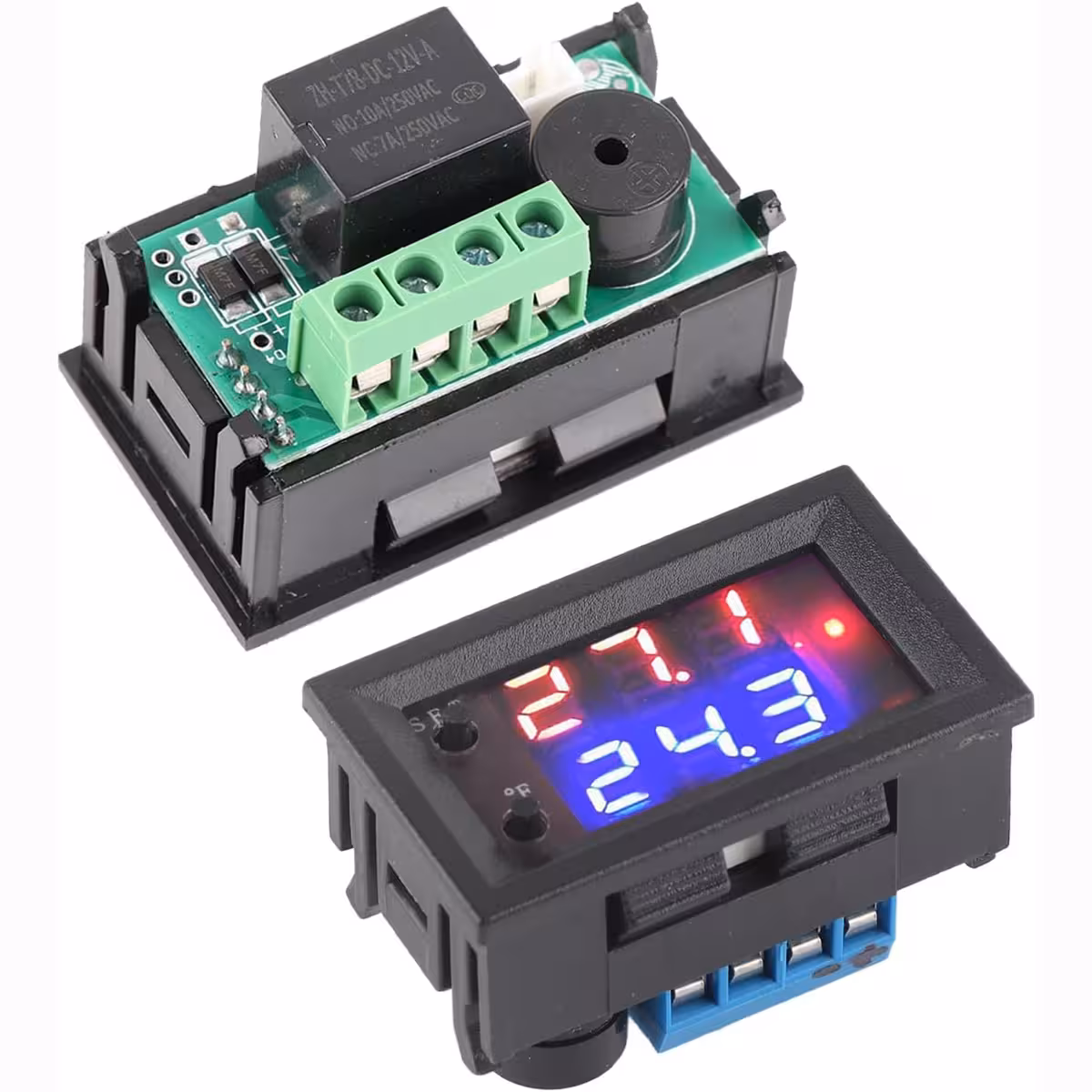 Termostato priekis ir galas su ekranu ir gnybtais