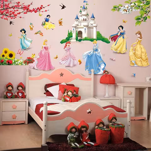 Dekoratyvinis vaikų sienos lipdukas su Disney princesėmis pilyje – spalvoti, lengvai klijuojami lipdukai