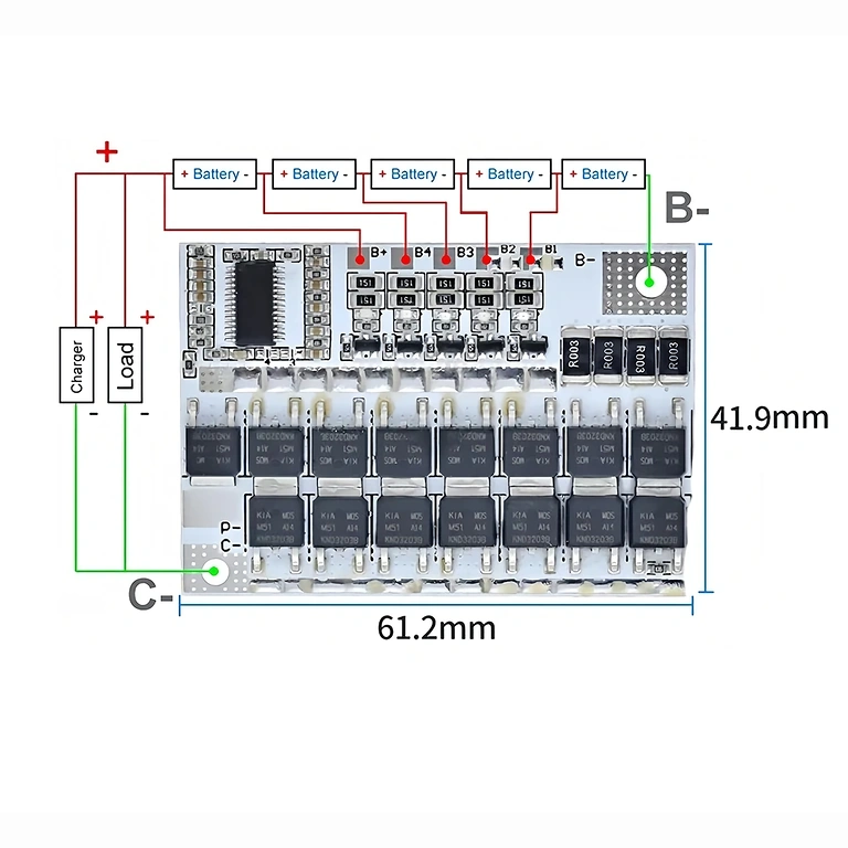 BMS 5S 100A modulio montavimo schema BMS 5S jungčių schema teisingam Li-Ion elementų sujungimui