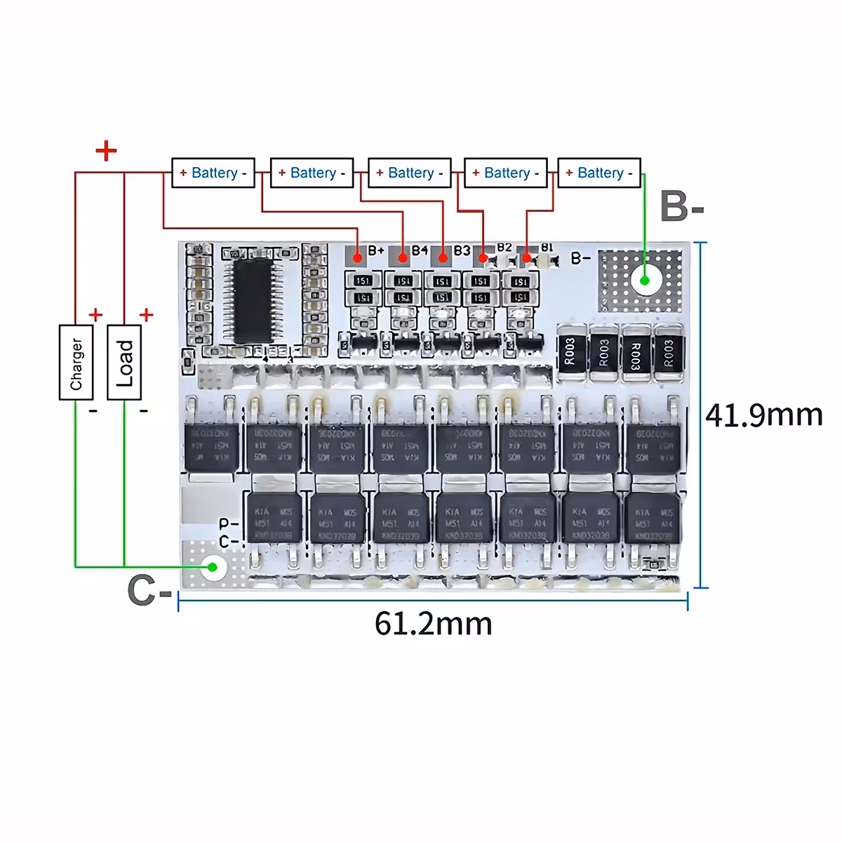 BMS 5S jungčių schema teisingam Li-Ion elementų sujungimui