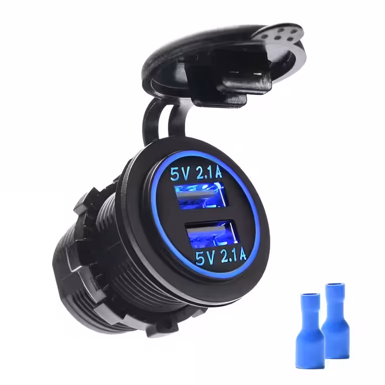 Automobilio lizdas su dviem USB 12V/24V – Panelinis įkroviklis 2×2.1A su LED ir apsauga