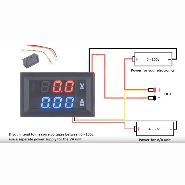 Voltmetro 0–100V jungimo schema Voltmetro ir ampermetro su atskiru maitinimu 0–100V schema
