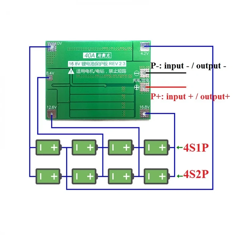 BMS 4S 40A modulis montavimo elektros schemai Li-ion baterijoms