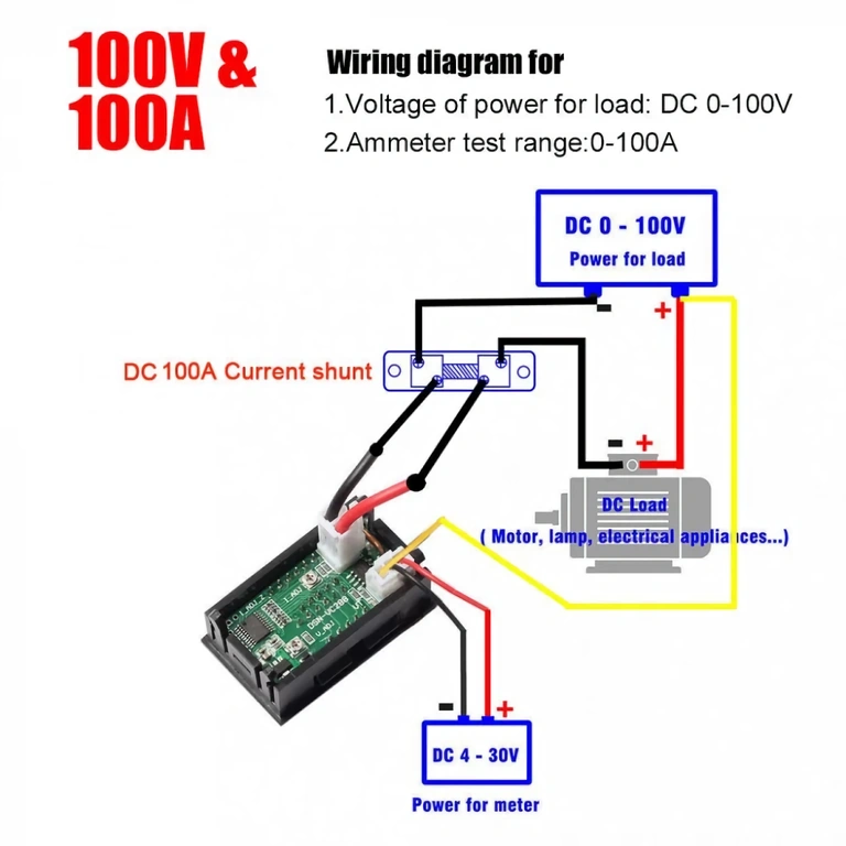 Voltmetro/ampermetro montavimo schema iki 100V DC maitinimo Jungčių diagrama didelės įtampos voltmetrui (iki 100V)