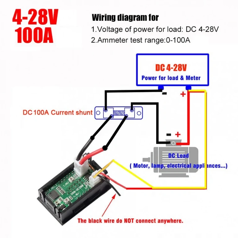Voltmetro/ampermetro DC 4–28V jungimo schema Laidų schema maitinimui 4V–28V įtampoje