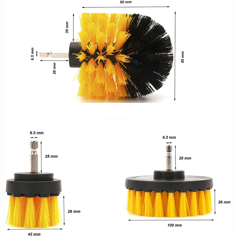 Vaizdas su 3 šepetėliais ir jų matmenimis: 12 cm, 8,5 cm, 5 cm