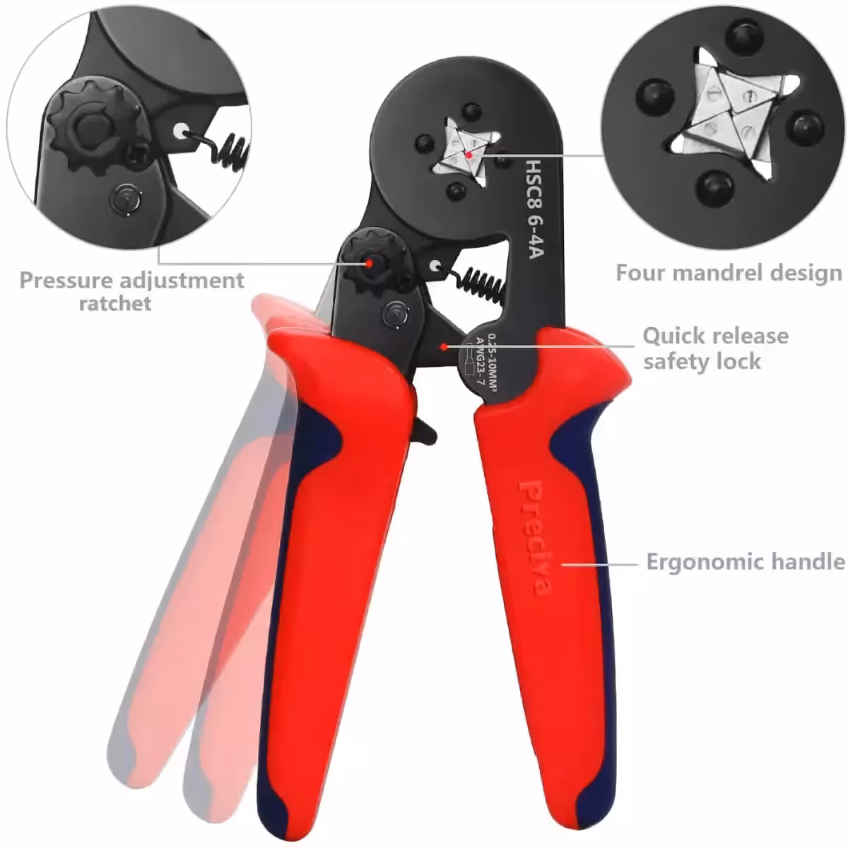 Įrankis su kaiščiais stačiakampių laidų galvutėms spausti
