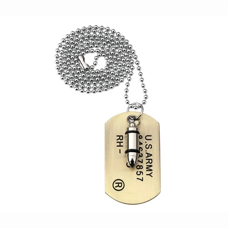Ilga 70 cm grandinė su kulkos pakabuku ir metaline dog tag plokštele
