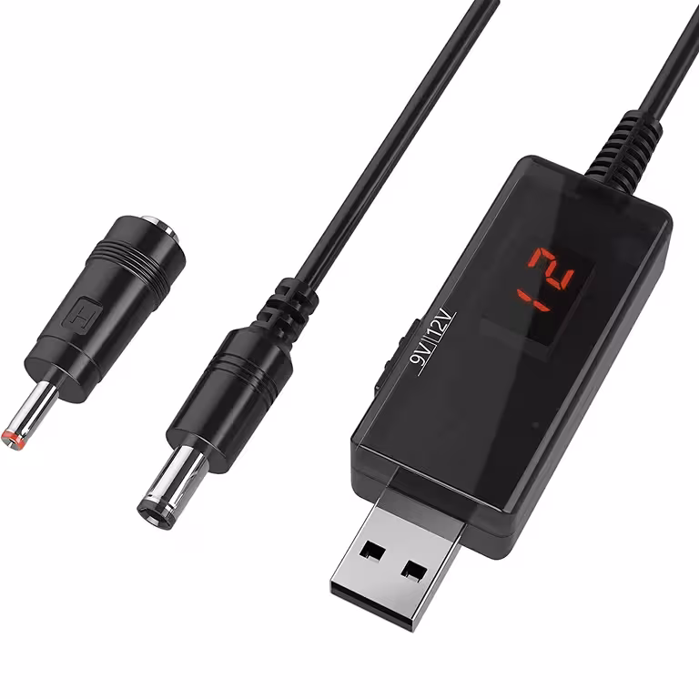 USB 5V į 9V / 12V konverterio modulis – Step-Up invertorius su LED ekranu ir UPS funkcija automobiliui, maršrutizatoriams ir DIY projektams