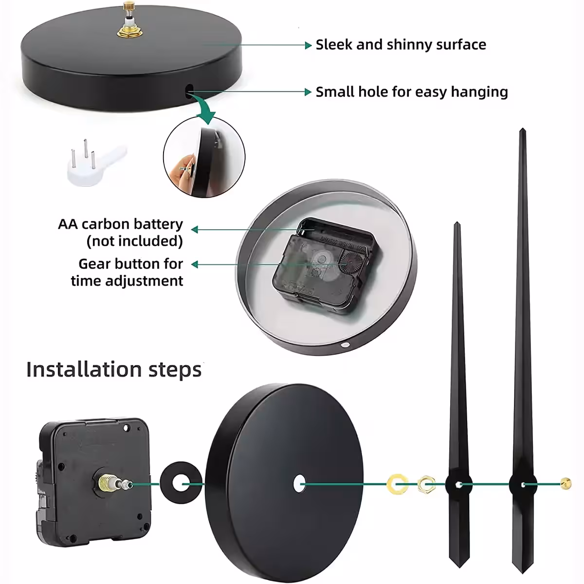 Didelis 3D sieninis laikrodis su blizgiomis juodomis skaitmenimis ir be garso