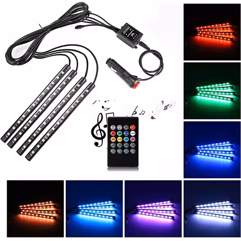 Automobilio aplinkos apšvietimo LED juostos RGB – interjero apšvietimo rinkinys su garso jutikliu