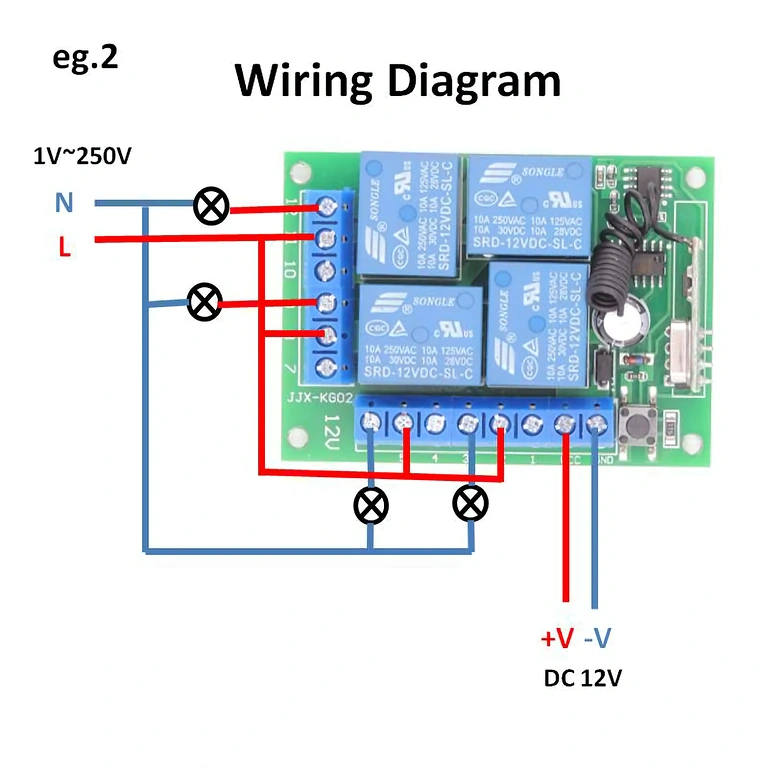 4 kanalo 12V relės modulio montavimo schema