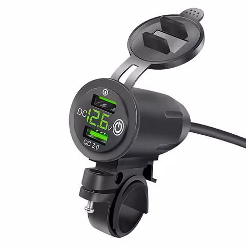 USB telefono įkroviklis su voltmetru, QC 3.0 – moto lizdas motociklui, greitas įkrovimas