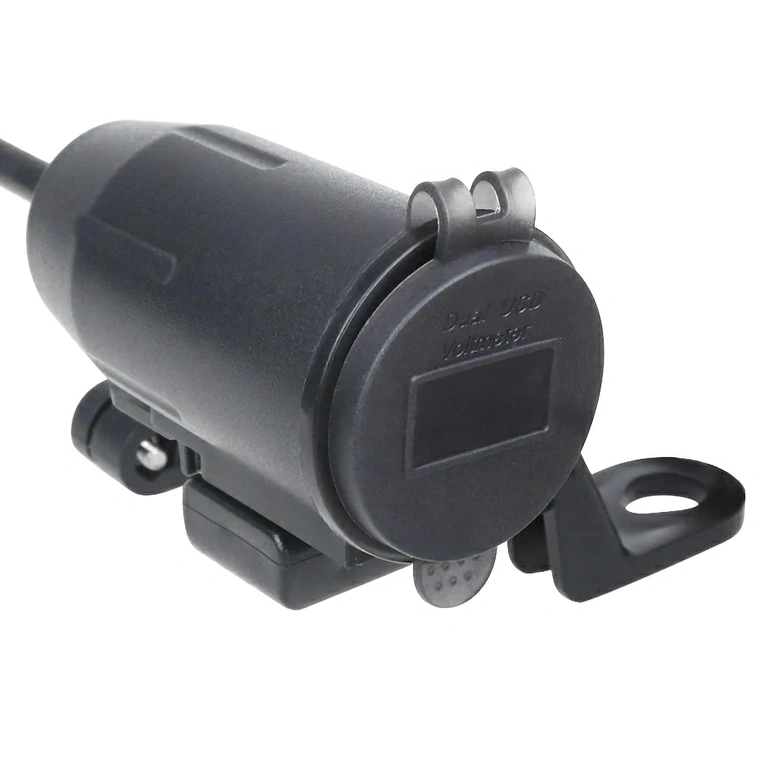 Motociklo įkroviklis su laikikliu veidrodėliui montuoti