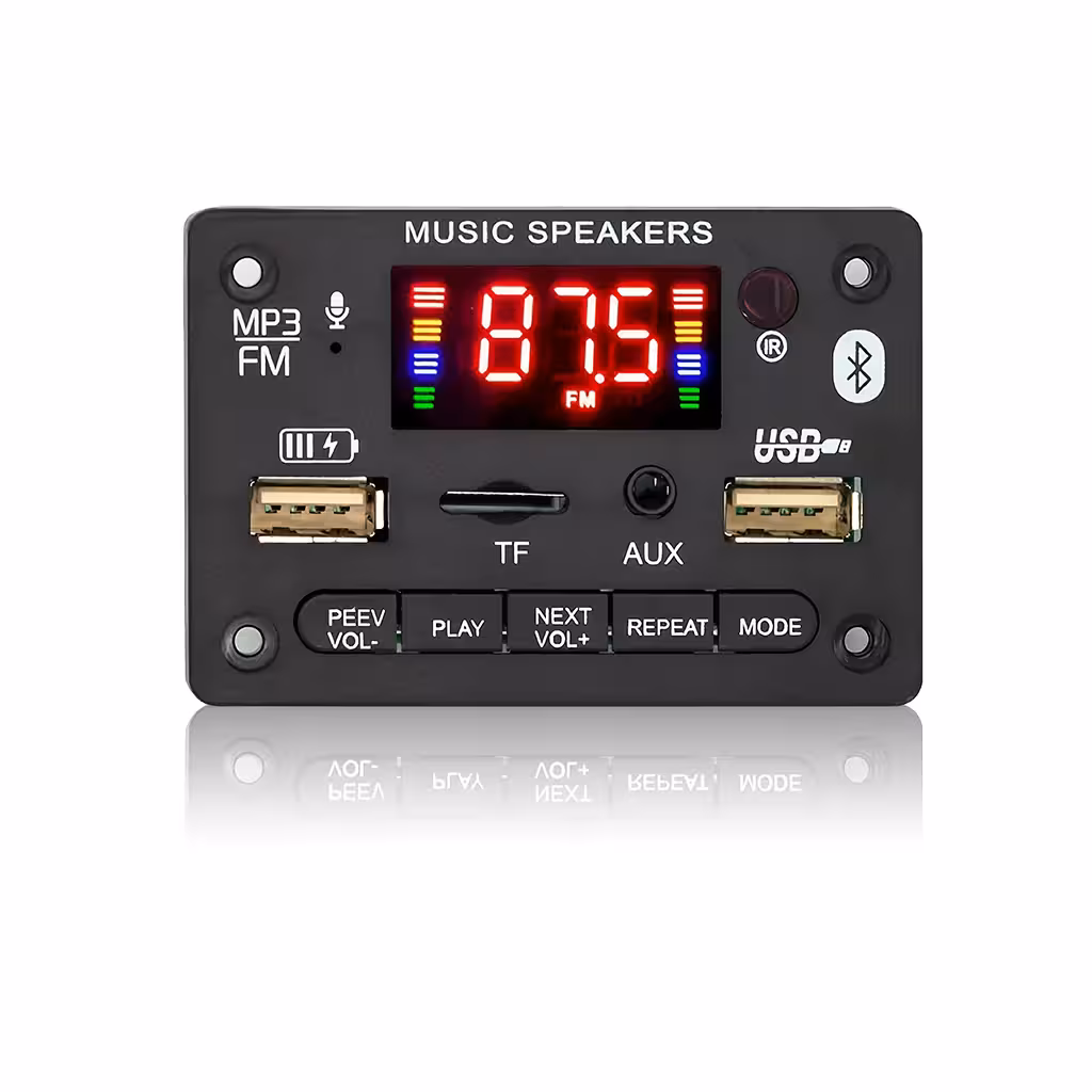 Bluetooth 5.0 audio modulis su FM radiju, MP3 ir stereo stiprintuvu 2x40W 5V/12V