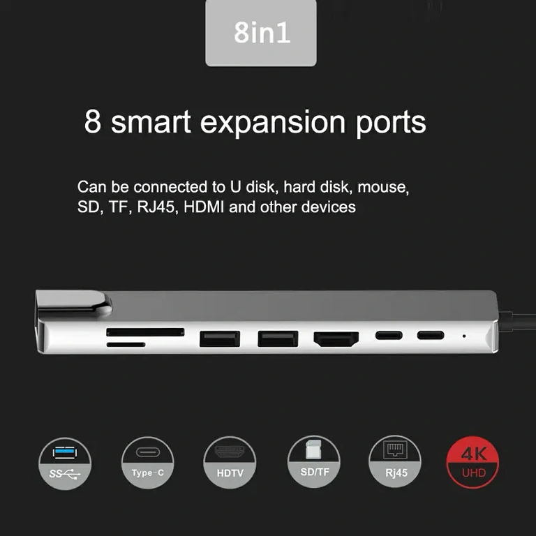 8-in-1 docking stotis su HDMI, RJ45, USB ir kortelių skaitytuvu