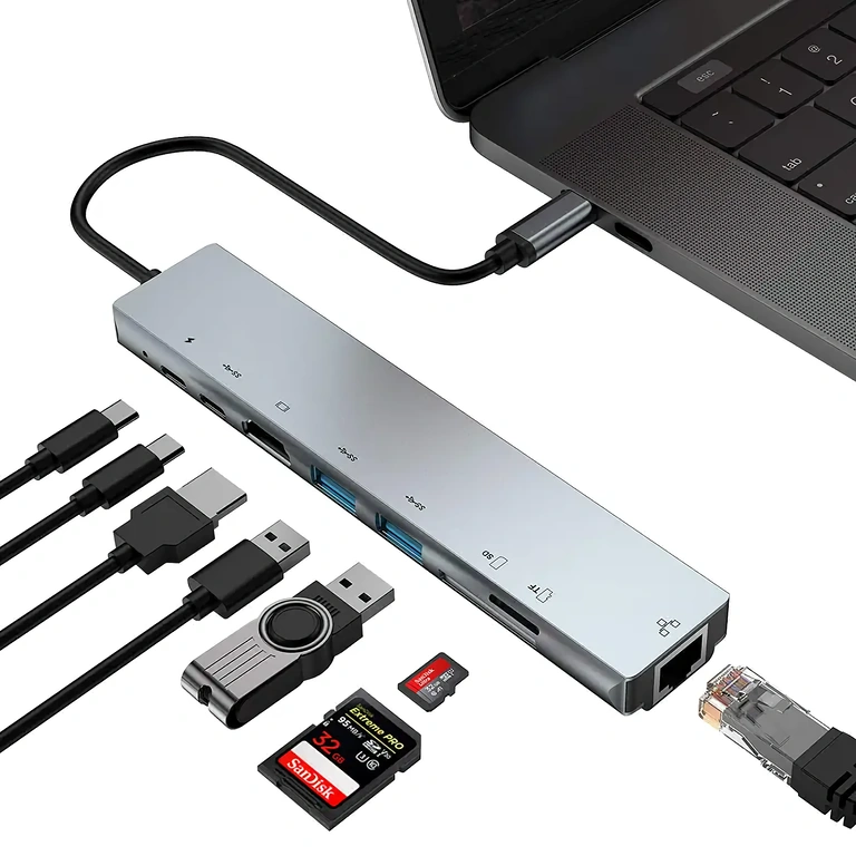USB-C adapteris su HDMI, RJ45, USB ir kortelių skaitytuvu nešiojamiesiems kompiuteriams