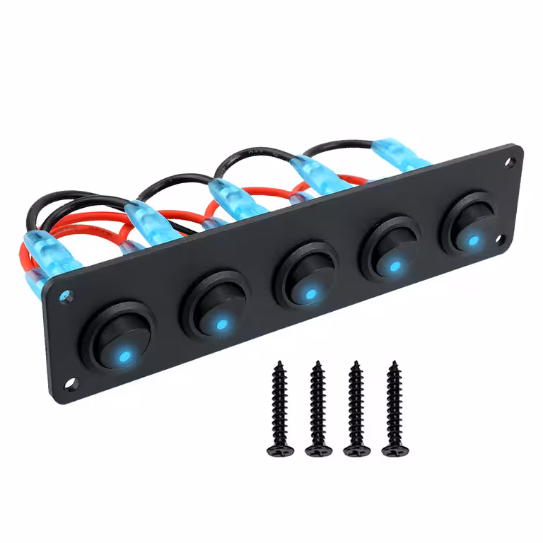 Automobilio 5 mygtukų ON/OFF jungiklių skydelis su mėlynu LED 12V/24V