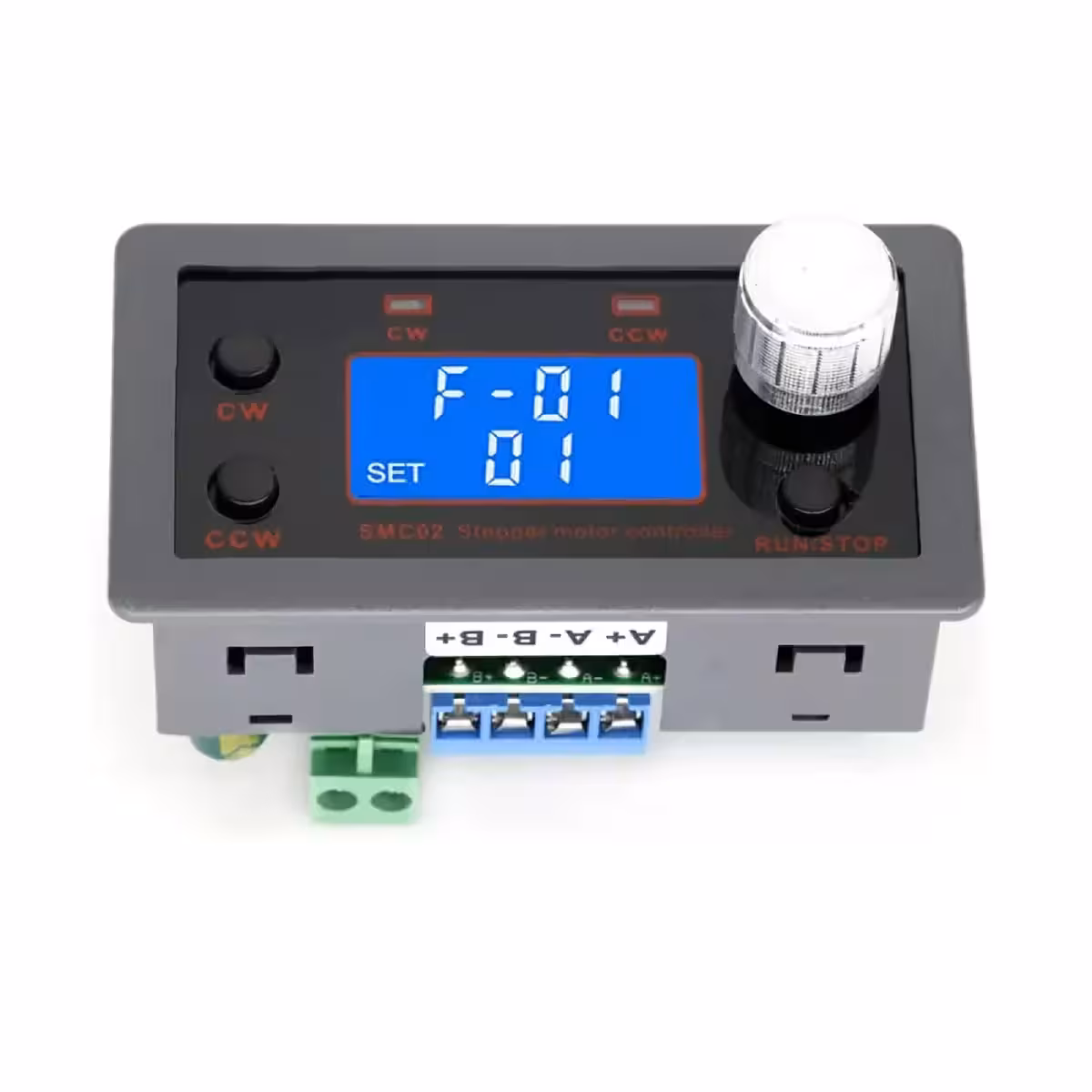 LCD ekranas su reguliuojamais parametrais: greitis, vėlavimas, ciklai