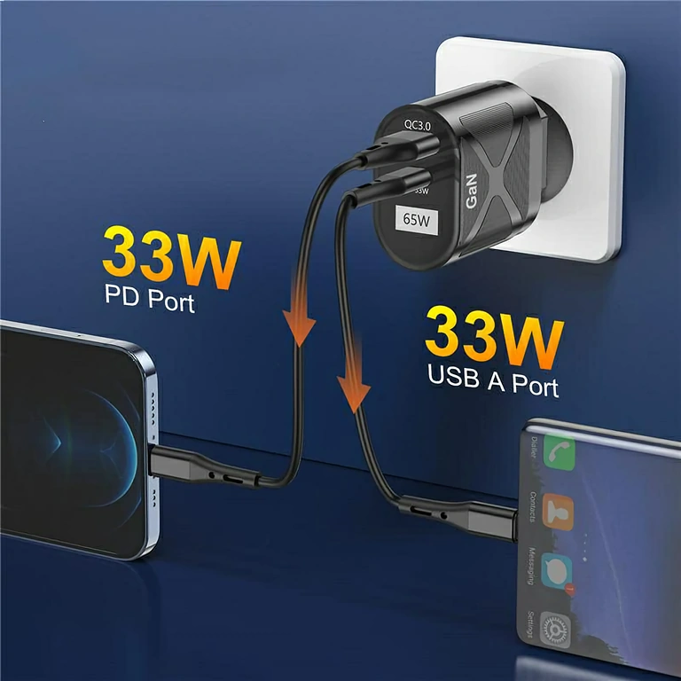 Kompaktiškas dviejų prievadų įkroviklis Kompaktiškas GaN įkroviklis su USB-C ir USB-A, idealus kelionėms