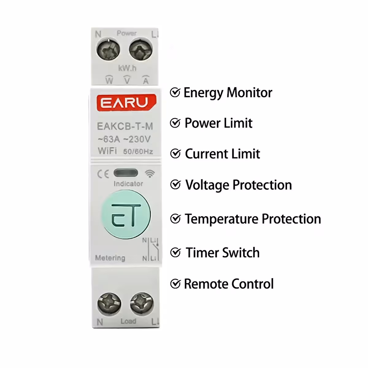 Nuotrauka su pagrindinėmis išmaniojo elektros skaitiklio funkcijomis: apsauga, valdymas, stebėjimas