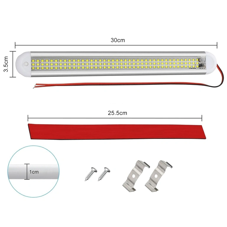 Automobilio LED lempų matmenys – 300x35x10 mm Automobilio LED lempos vaizdas su išsamiais matmenimis: ilgis, plotis ir storis