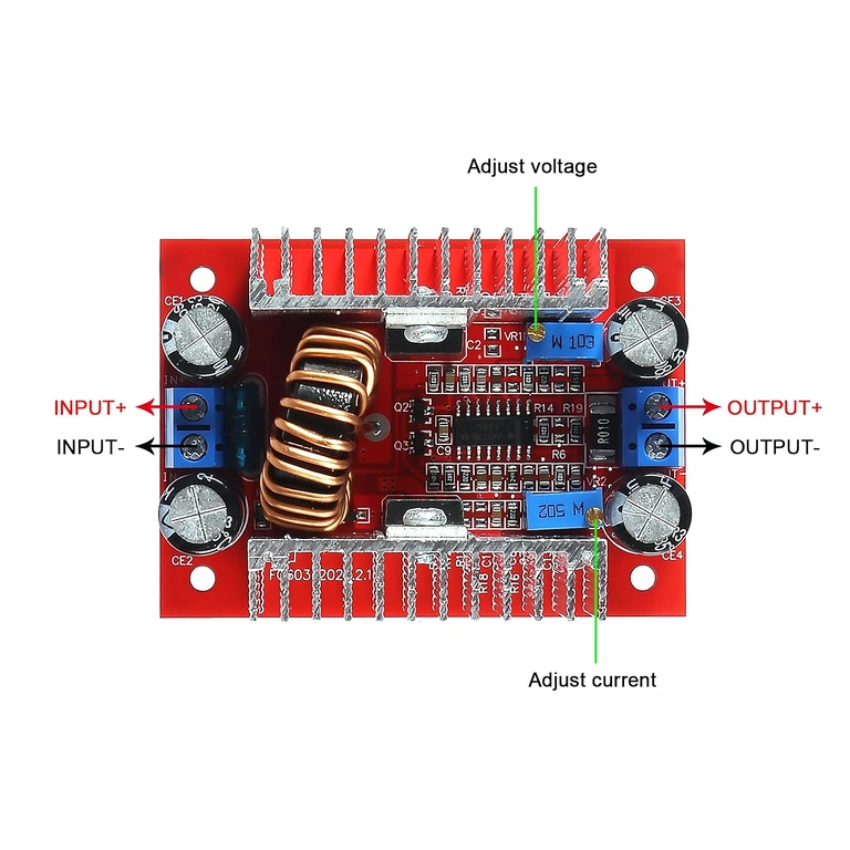 Step-up Boost DC 400W modulio jungimo schema Išsami 400W DC Step-Up Boost modulio laidų jungimo schema