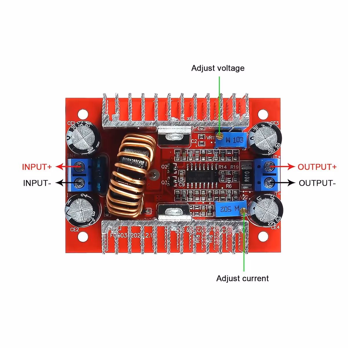 Išsami 400W DC Step-Up Boost modulio laidų jungimo schema
