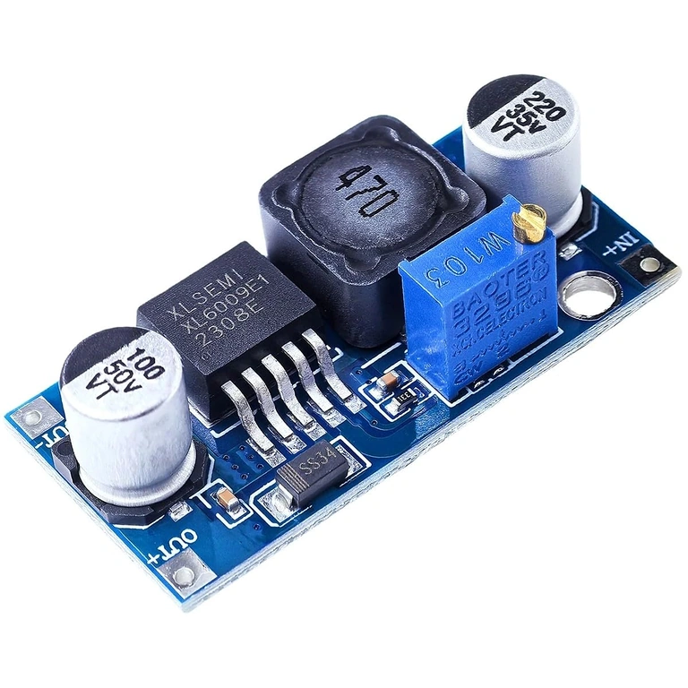 Pagrindinių XL6009 modulio komponentų vaizdas