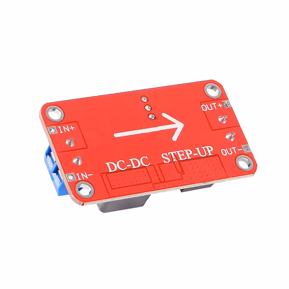 XL6019 DC-DC Boost Converter iš galo su matomais įėjimo ir išėjimo junginiais