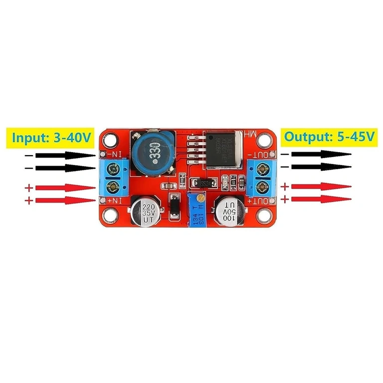 XL6019 DC-DC Boost Converter modulis – jungimo schema XL6019 DC-DC Boost Converter jungimo diagrama, rodanti įėjimus ir išėjimus