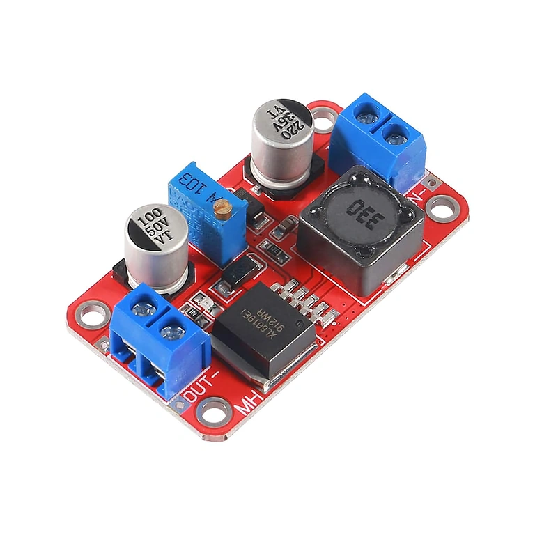 XL6019 DC-DC Boost Converter modulis – šoninis vaizdas (kampas 2) XL6019 DC-DC Boost Converter šoninis vaizdas, suteikiantis papildomą perspektyvą