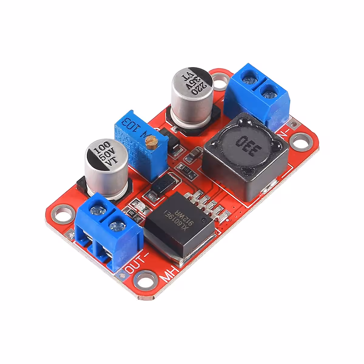 XL6019 DC-DC Boost Converter šoninis vaizdas, suteikiantis papildomą perspektyvą