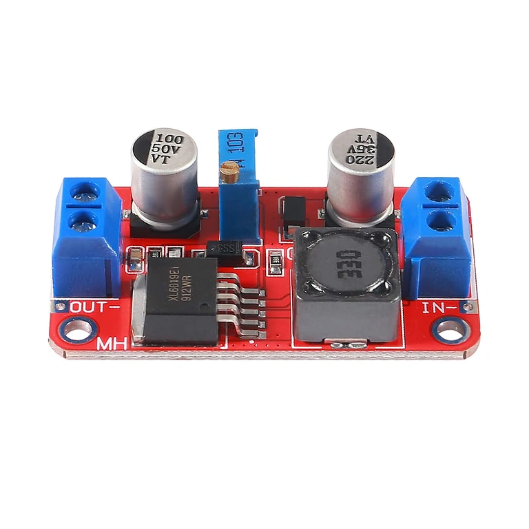 XL6019 DC-DC Boost Converter modulis – šoninis vaizdas XL6019 šoninis vaizdas, parodantis matmenis ir struktūrą