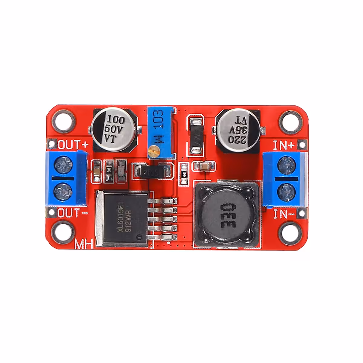 XL6019 DC-DC Boost Converter viršutinis kampinis vaizdas, tinkamas jungčių ir dizaino peržiūrai