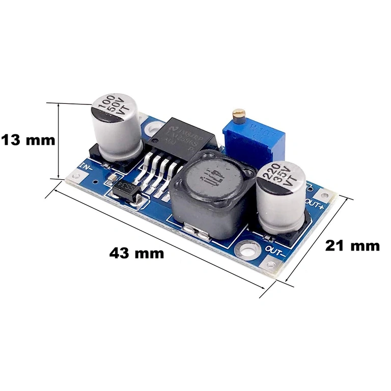 LM2596S 3A modulio matmenys – 43x21x14 mm LM2596S 3A buck converter modulio matmenys: 43mm ilgis, 21mm plotis, 14mm aukštis