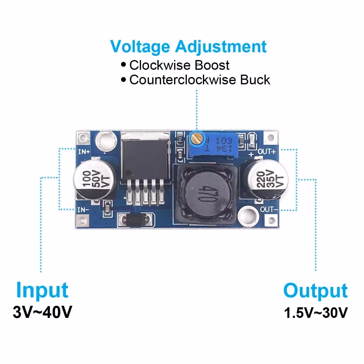 LM2596S DC-DC step-down modulio jungimo schema su reguliuojama 1.25–35V įtampa