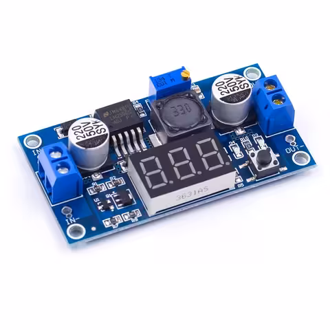 LM2596 Step-Down DC-DC Buck Converter su ekranu – reguliuojama įtampa 1.25V–37V 3A