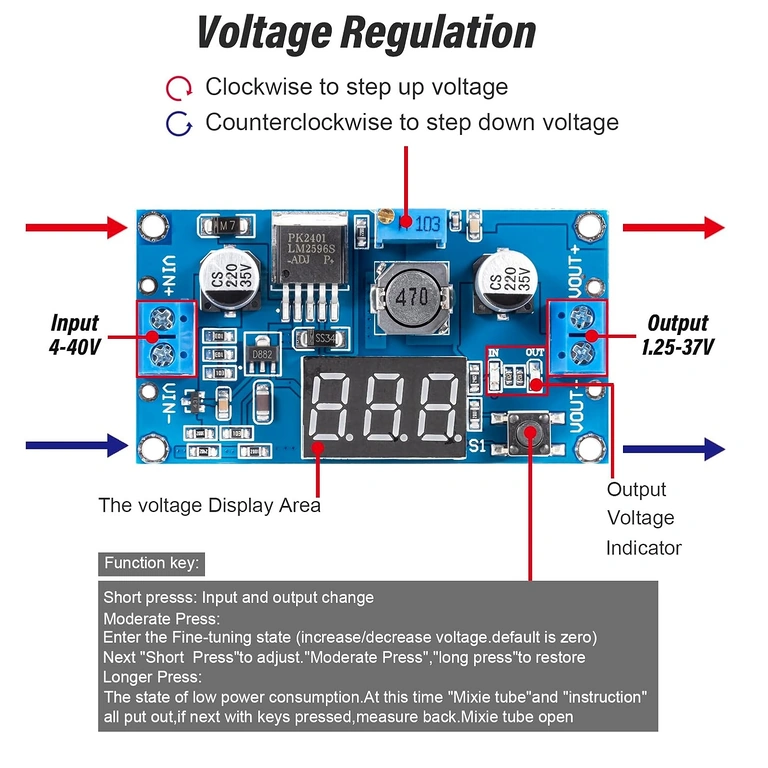 Pavyzdys, kaip prijungti įėjimą ir išėjimą prie LM2596 modulio