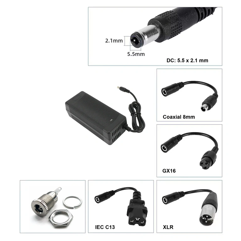 36V–42V 3A įkroviklis su DC 5,5×2,1 mm jungtimi, suderinamas su elektriniais paspirtukais ir dviračiais