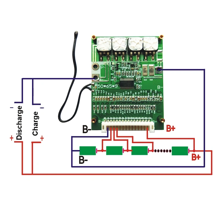 Elektrinė schema BMS 14S 52V prijungimui prie Li-Ion elementų