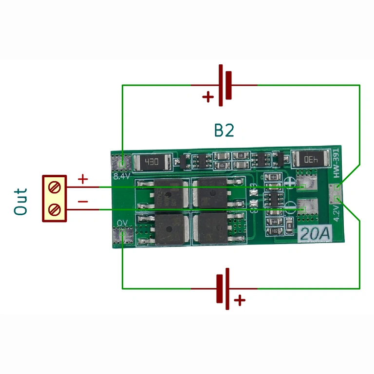 BMS 2S 20A su balansavimu elektros schema, tinkama teisingam Li-ion paketo montavimui