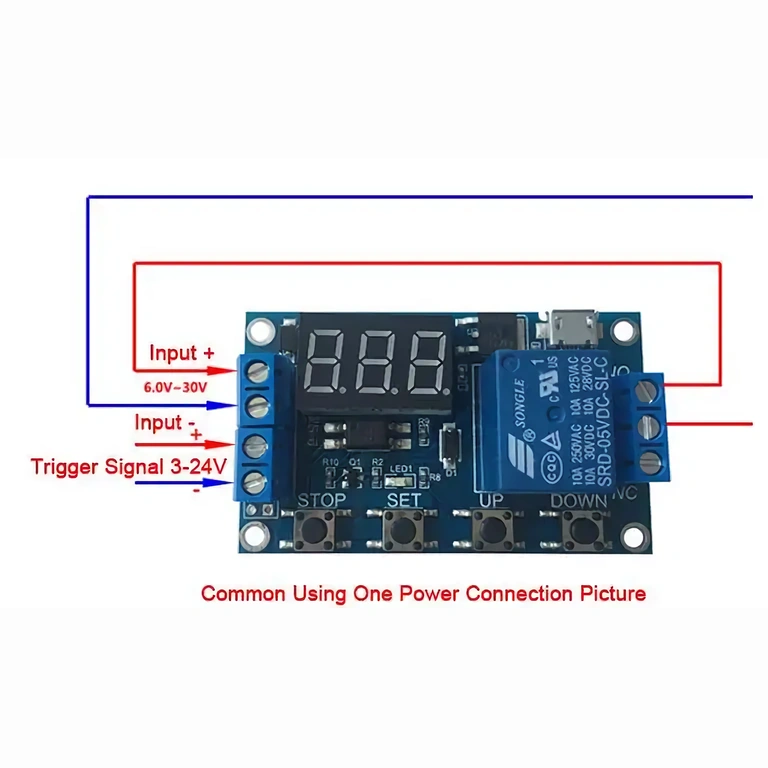 6–30V relės modulio įėjimų/išėjimų elektros schema