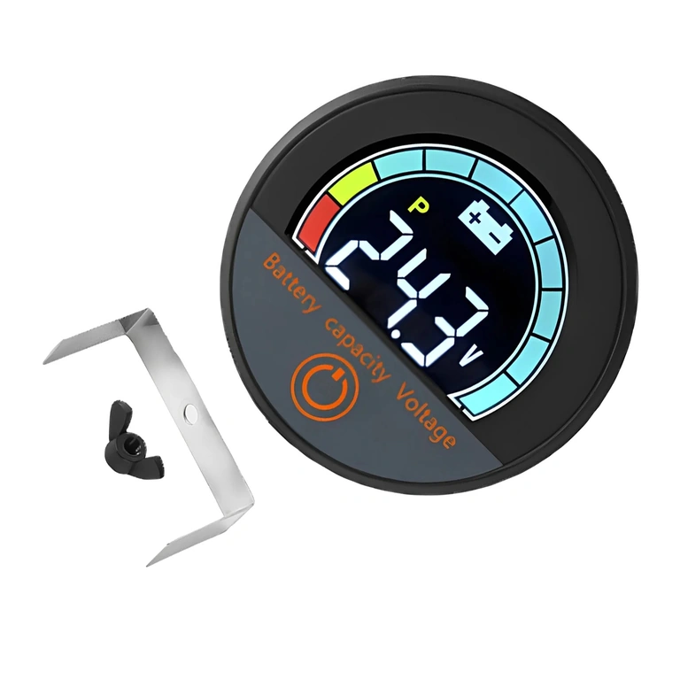 Skaitmeninio modulio su baterijos procentų ir voltmetro ekranu priekinė peržiūra, Li-ion ir LiFePO4 12V–72V, dviračiams, paspirtukams ir elektriniams motoroleriams