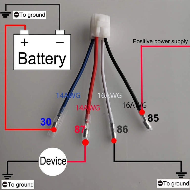 12V 4 kontaktų 40A automobilio relės laidų schema
