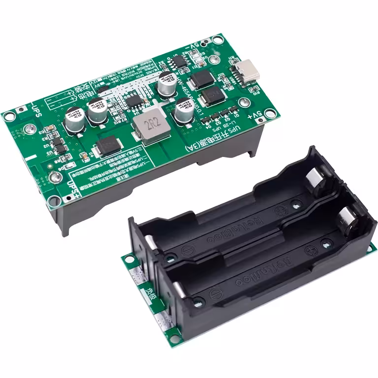 Mini UPS modulis 5V/12V – DC UPS modulis su 18650 akumuliatorių įkrovimu
