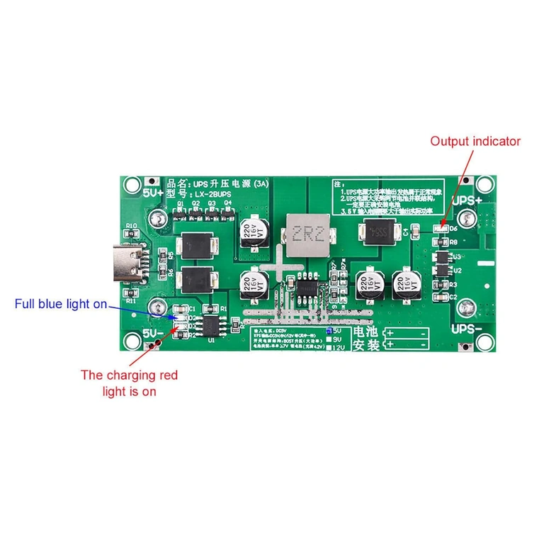Dviejų spalvų LED raudona/žalia baterijos ir įkrovimo būsenai Mini UPS modulyje