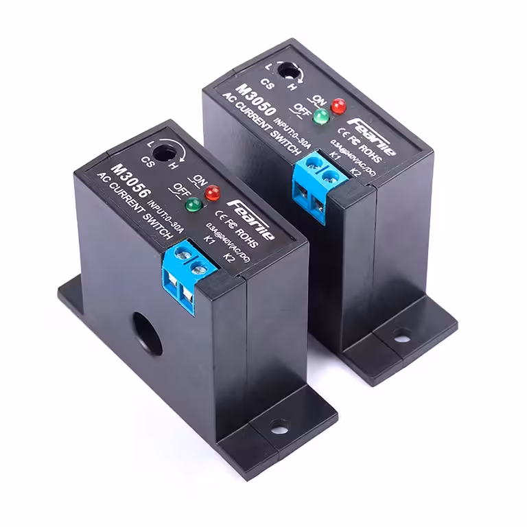 Srovės aptikimo jutiklis 0.2–30A – reguliuojama NO/NC elektroninė relė, stebėjimo ir apsaugos modulis