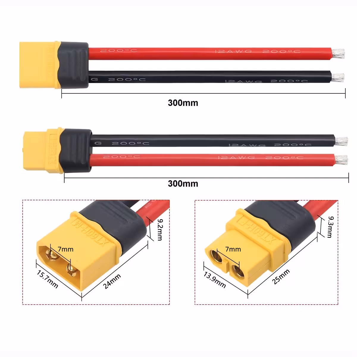 XT60 moteriško ir vyriško jungties matmenų schema