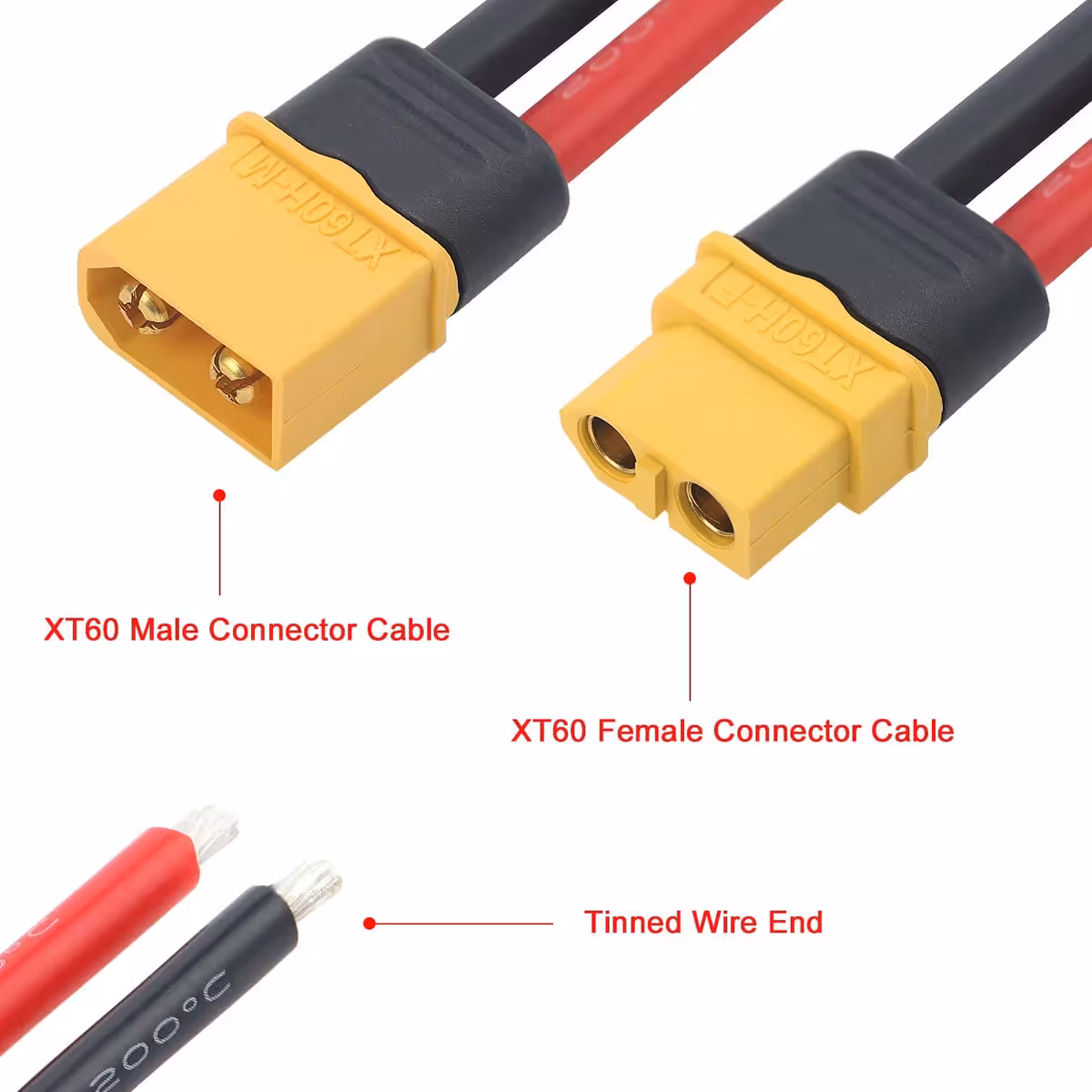 XT60 poros su storu 12AWG laidu viršutinis vaizdas, aiški montavimo tvarka